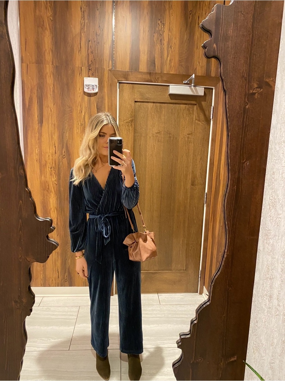 Anthropologie Navy Blue Velvet Wrap Jumpsuit with Tie Waist